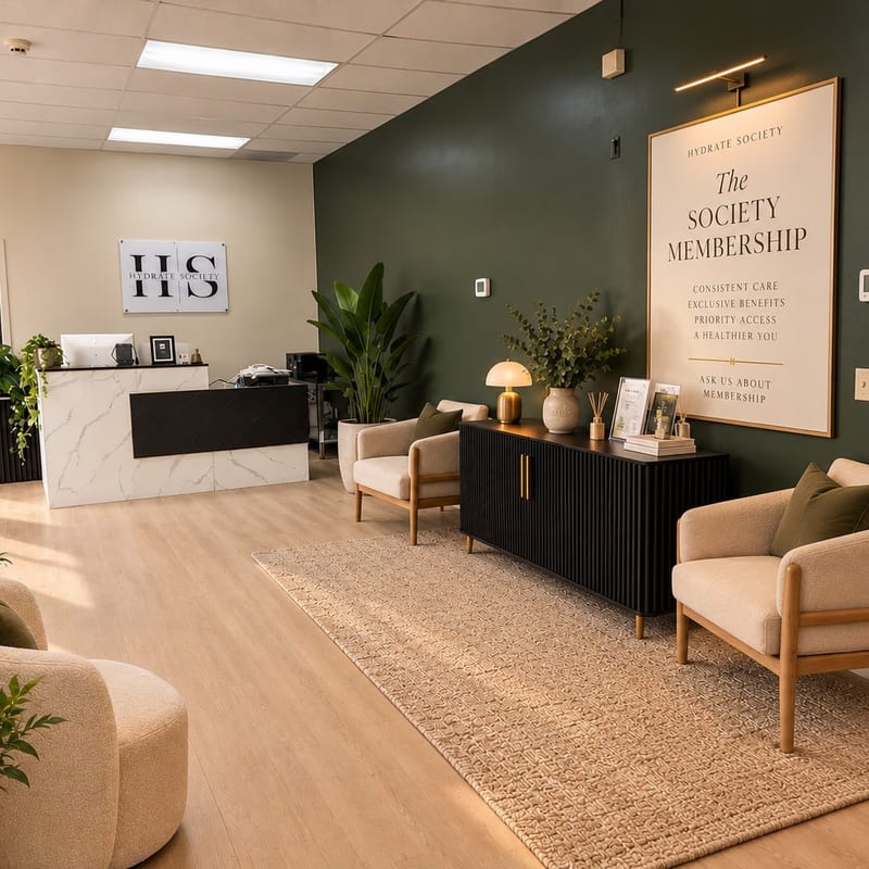 Modern medical spa reception interior with plants and warm lighting